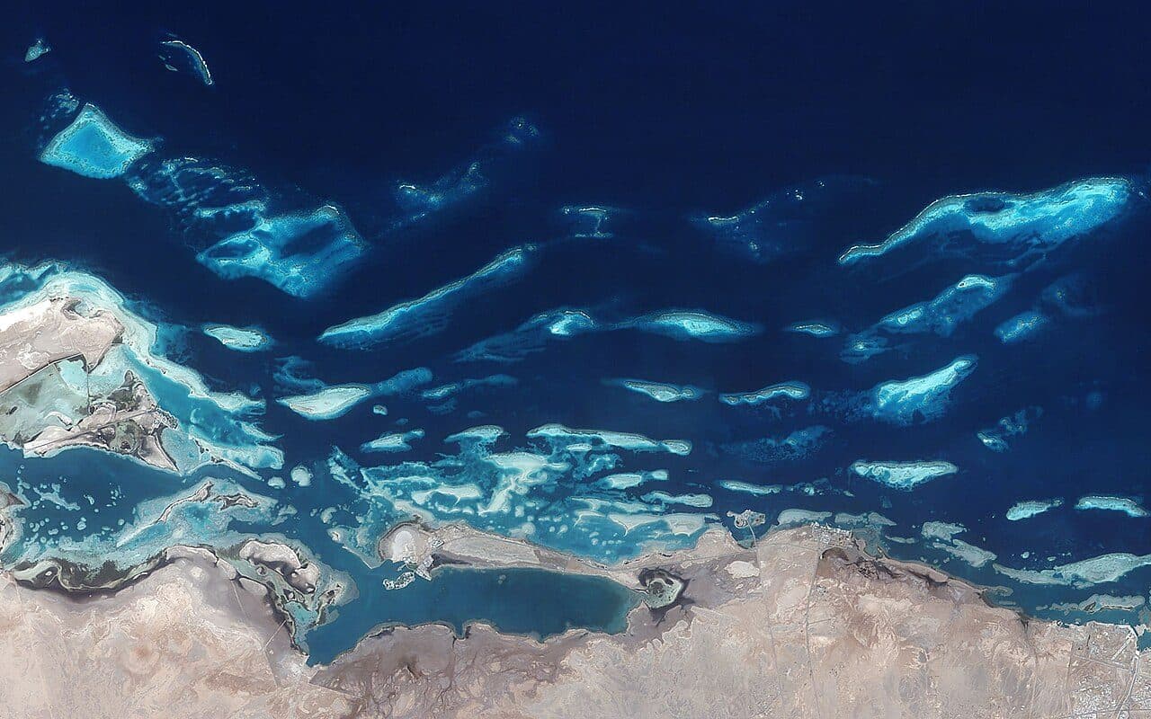 Reefs along the Saudi Red Sea coast, seen from above